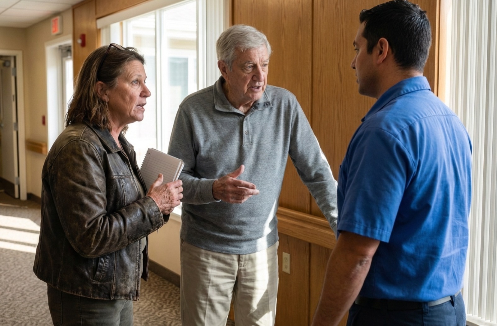 An adult child and their senior loved one have a conversation with a community representative during a tour.
