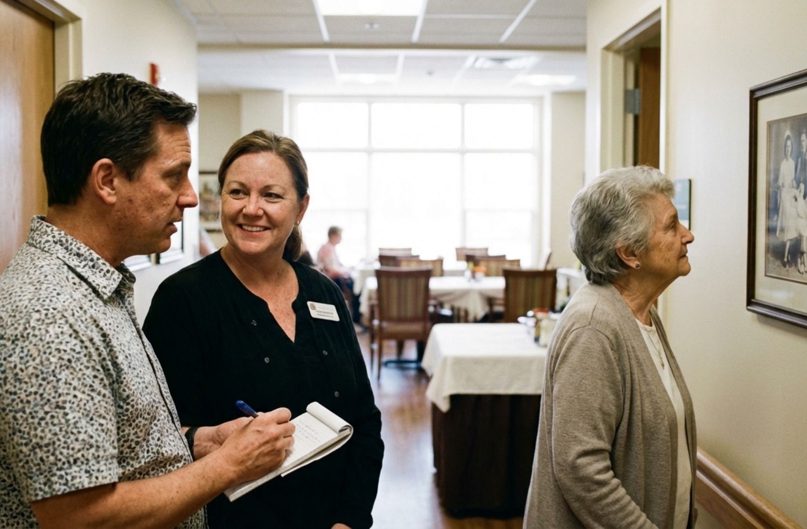 Adult child with a notepad speaks to a staff member in a hallway while an older adult looks at wall art during a facility tour.