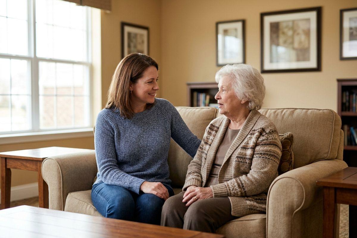 Adult sitting beside an older person on a couch, hand on their shoulder, talking and smiling in a living room.