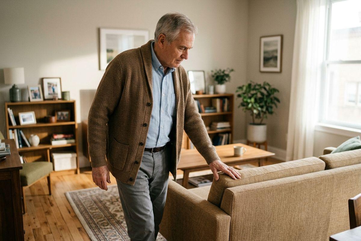 Older adult in brown cardigan steadying with a hand on a sofa arm in a living room, looking down.