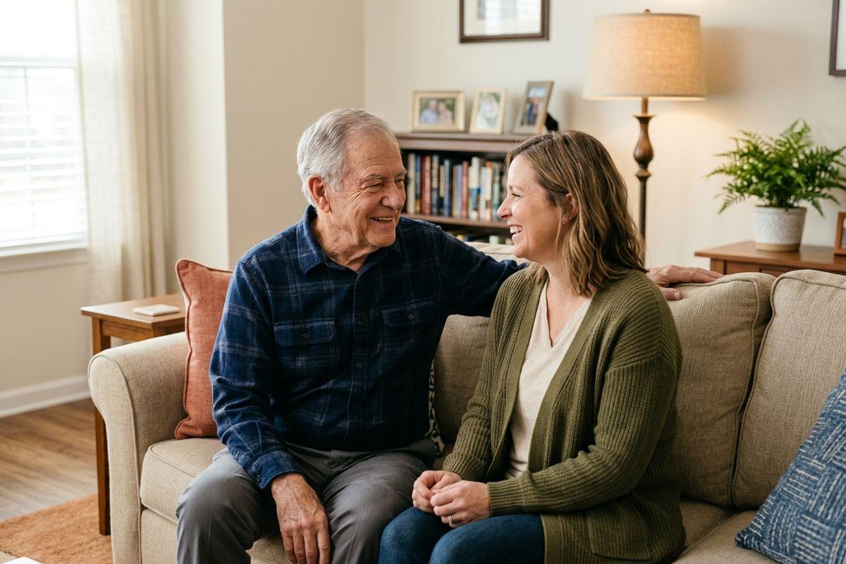 A senior and a younger woman sit on a sofa, smiling and looking at each other in a living room.