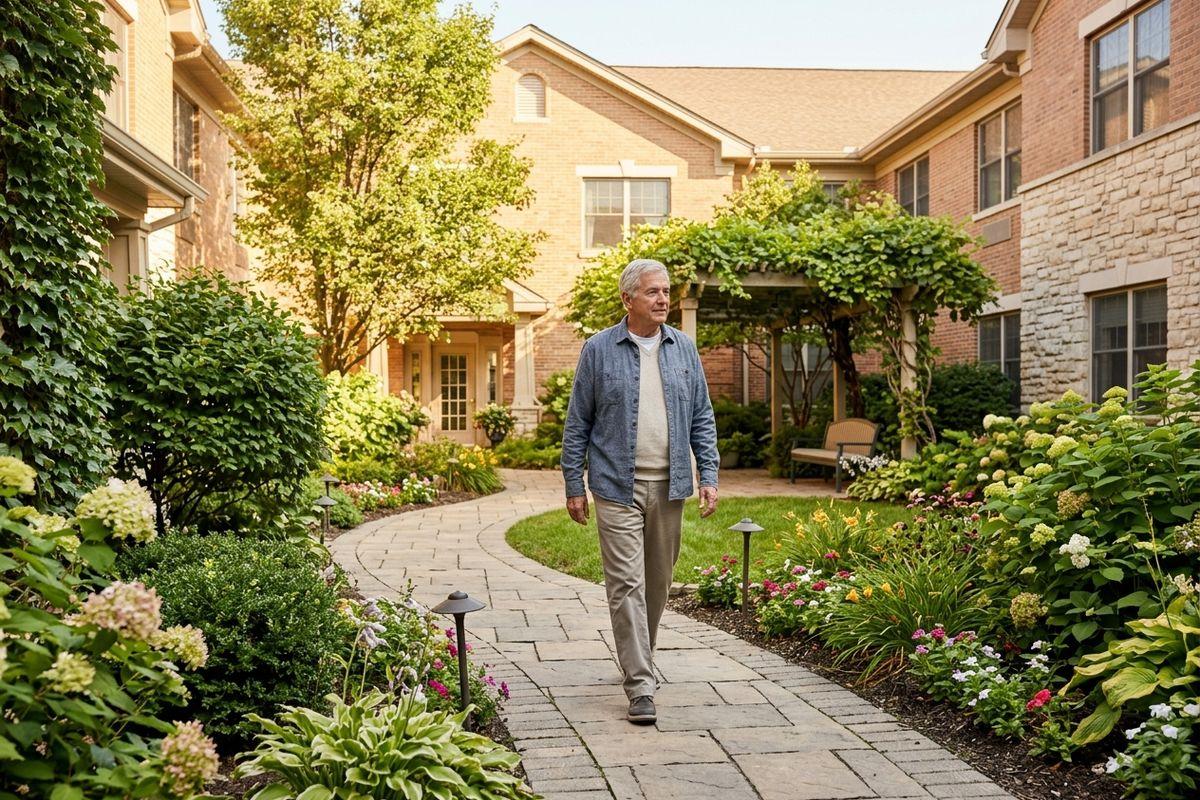 An older adult walks along a stone path through a landscaped courtyard garden with flowers.